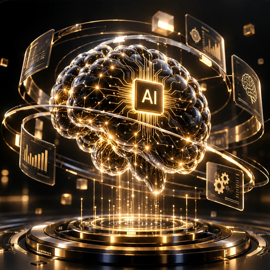 Cervello AI tridimensionale nero e oro con chip AI e interfacce olografiche